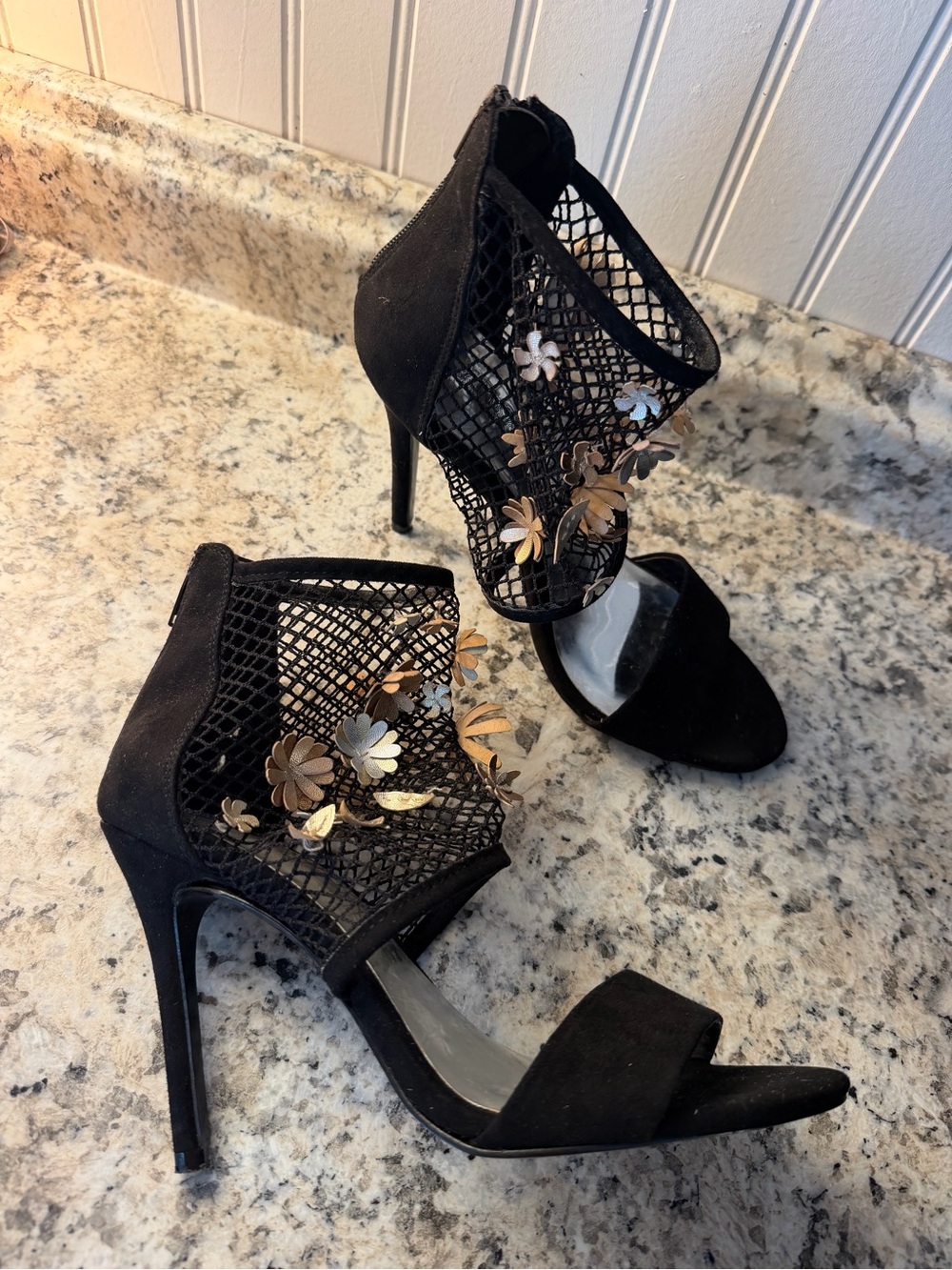Carlos by Carlos Santana Black Mesh Floral High Heel Sandals Fishnet Sexy